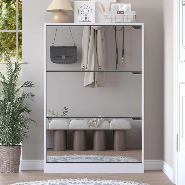 Alt view image 7 of 7 - Shoe Cabinet with 3-Flip Mirror Drawers, Freestanding Shoe Rack Organizer with Hidden Handle, Slim Narrow Shoe Storage Cabinet for Entryway, Entrance, Hallway, Bedroom