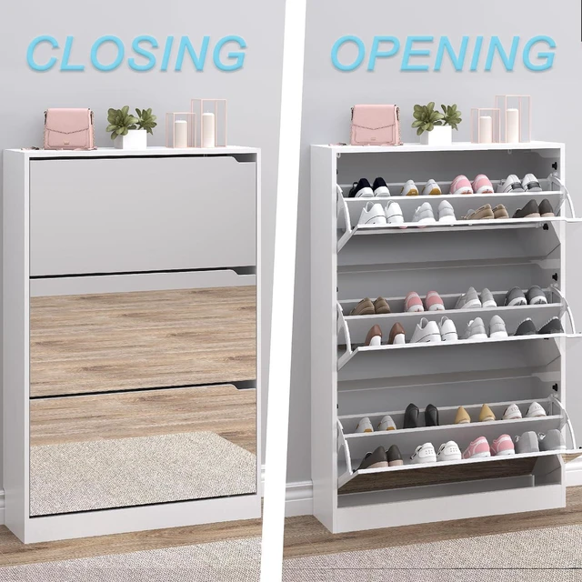 Alt view image 5 of 7 - Shoe Cabinet with 3-Flip Mirror Drawers, Freestanding Shoe Rack Organizer with Hidden Handle, Slim Narrow Shoe Storage Cabinet for Entryway, Entrance, Hallway, Bedroom