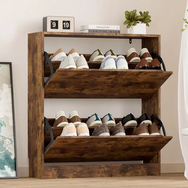 Main image of Shoe Cabinet with 2 Flip Drawers, Slim Narrow Shoe Storage Cabinet, Freestanding Shoe Organizer with Adjustable & Removable Shelves, Top Display Shelf for Entryway, Hallway, Foyer, Closet