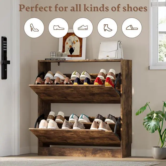 Alt view image 4 of 7 - Shoe Cabinet with 2 Flip Drawers, Slim Narrow Shoe Storage Cabinet, Freestanding Shoe Organizer with Adjustable & Removable Shelves, Top Display Shelf for Entryway, Hallway, Foyer, Closet