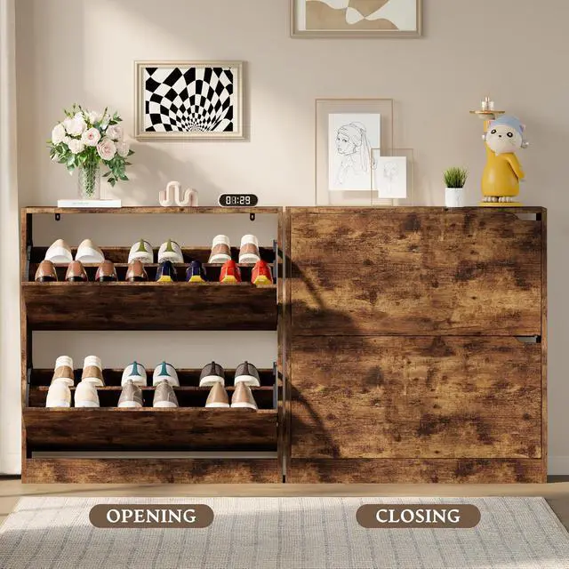 Alt view image 5 of 7 - Shoe Cabinet with 2 Flip Drawers, Slim Narrow Shoe Storage Cabinet, Freestanding Shoe Organizer with Adjustable & Removable Shelves, Top Display Shelf for Entryway, Hallway, Foyer, Closet