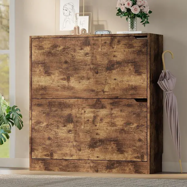 Alt view image 3 of 7 - Shoe Cabinet with 2 Flip Drawers, Slim Narrow Shoe Storage Cabinet, Freestanding Shoe Organizer with Adjustable & Removable Shelves, Top Display Shelf for Entryway, Hallway, Foyer, Closet