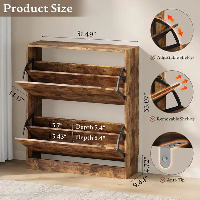 Alt view image 2 of 7 - Shoe Cabinet with 2 Flip Drawers, Slim Narrow Shoe Storage Cabinet, Freestanding Shoe Organizer with Adjustable & Removable Shelves, Top Display Shelf for Entryway, Hallway, Foyer, Closet