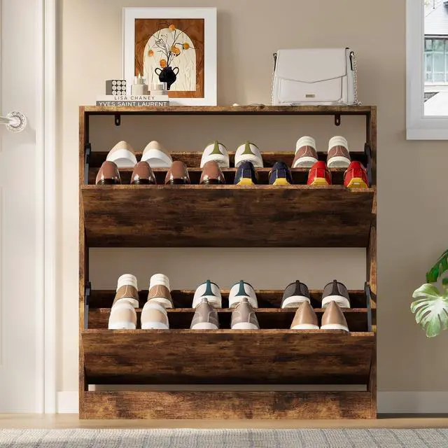 Alt view image 7 of 7 - Shoe Cabinet with 2 Flip Drawers, Slim Narrow Shoe Storage Cabinet, Freestanding Shoe Organizer with Adjustable & Removable Shelves, Top Display Shelf for Entryway, Hallway, Foyer, Closet