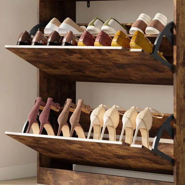 Alt view image 6 of 7 - Shoe Cabinet with 2 Flip Drawers, Slim Narrow Shoe Storage Cabinet, Freestanding Shoe Organizer with Adjustable & Removable Shelves, Top Display Shelf for Entryway, Hallway, Foyer, Closet