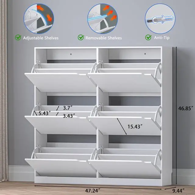 Alt view image 2 of 7 - Shoe Cabinet with 6 Flip Drawers, Slim Narrow Shoe Storage Cabinet, Freestanding Shoe Organizer for Entryway, Hallway, Foyer
