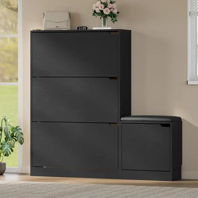 Alt view image 3 of 7 - Shoe Cabinet with Bench and 3 Flip Drawers, Slim Narrow Shoe Storage Cabinet, Freestanding Shoe Rack Organizer with Adjustable & Removable Shelves, Anti-Tip for Entryway, Hallway, Foyer