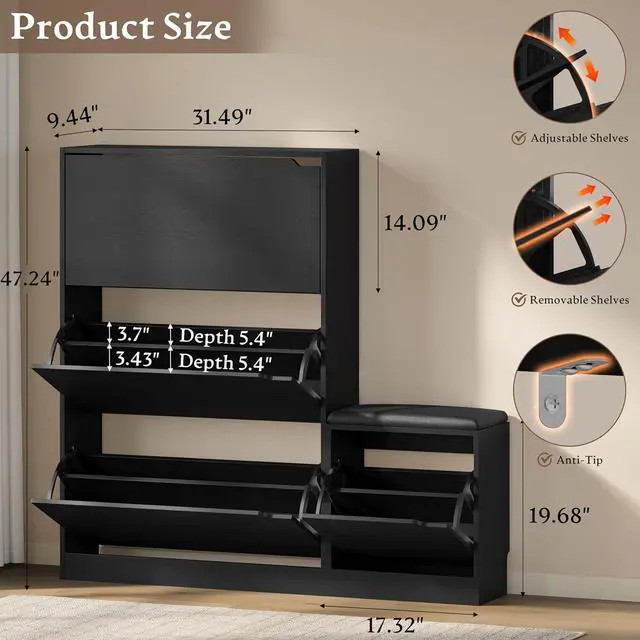 Alt view image 2 of 7 - Shoe Cabinet with Bench and 3 Flip Drawers, Slim Narrow Shoe Storage Cabinet, Freestanding Shoe Rack Organizer with Adjustable & Removable Shelves, Anti-Tip for Entryway, Hallway, Foyer