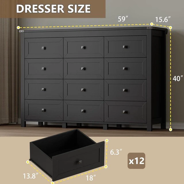 Alt view image 2 of 7 - 12-Drawer Dresser, Modern Wooden Storage Chest of Drawers, Dresser TV Stand, Wood Drawer Organizer with Metal Handles for Bedroom, Living Room, Hallway