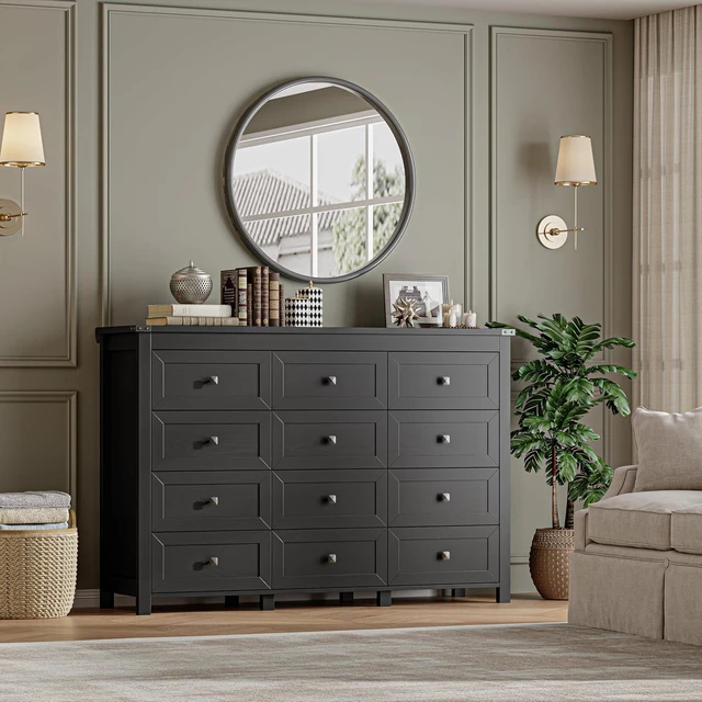 Alt view image 7 of 7 - 12-Drawer Dresser, Modern Wooden Storage Chest of Drawers, Dresser TV Stand, Wood Drawer Organizer with Metal Handles for Bedroom, Living Room, Hallway