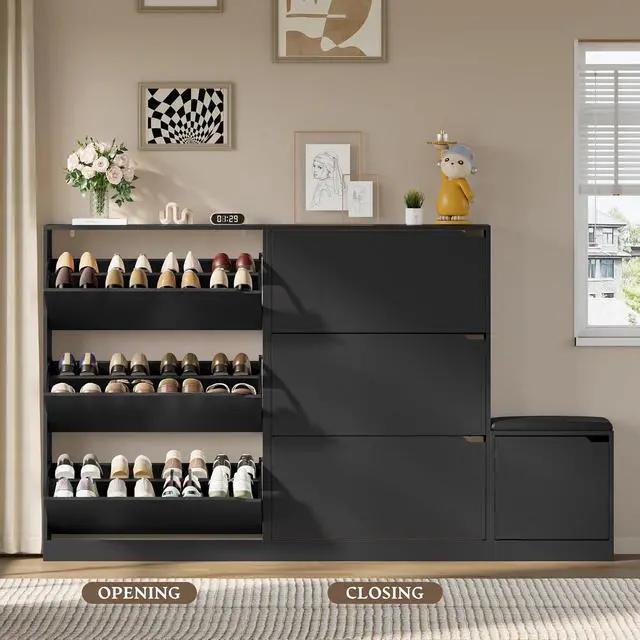Alt view image 5 of 7 - Shoe Cabinet with Bench and 3 Flip Drawers, Slim Narrow Shoe Storage Cabinet, Freestanding Shoe Rack Organizer with Adjustable & Removable Shelves, Anti-Tip for Entryway, Hallway, Foyer