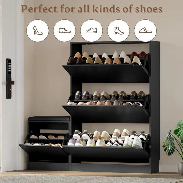 Alt view image 4 of 7 - Shoe Cabinet with Bench and 3 Flip Drawers, Slim Narrow Shoe Storage Cabinet, Freestanding Shoe Rack Organizer with Adjustable & Removable Shelves, Anti-Tip for Entryway, Hallway, Foyer