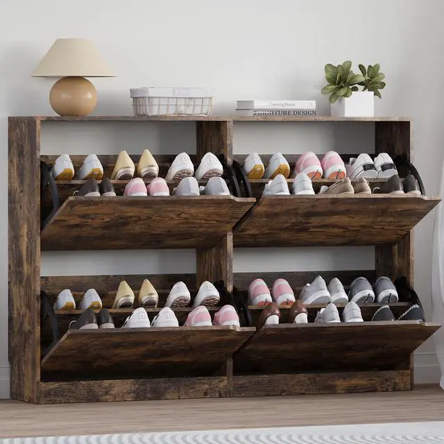 Main image of Shoe Cabinet with 4 Flip Drawers, Narrow Hidden Shoe Storage Cabinet, Slim Freestanding Shoe Rack Organizer for Entryway, Hallway, Bedroom, Living Room