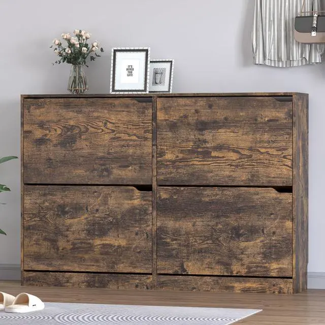 Alt view image 3 of 7 - Shoe Cabinet with 4 Flip Drawers, Narrow Hidden Shoe Storage Cabinet, Slim Freestanding Shoe Rack Organizer for Entryway, Hallway, Bedroom, Living Room