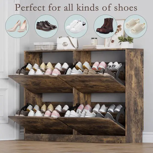 Alt view image 4 of 7 - Shoe Cabinet with 4 Flip Drawers, Narrow Hidden Shoe Storage Cabinet, Slim Freestanding Shoe Rack Organizer for Entryway, Hallway, Bedroom, Living Room