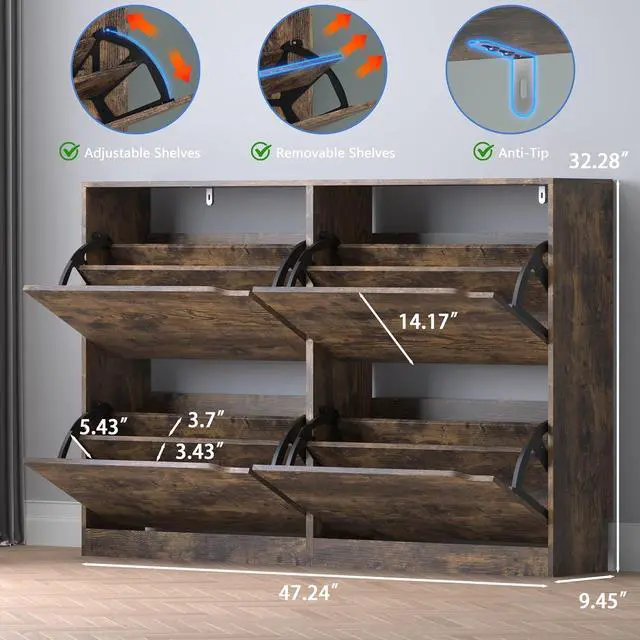 Alt view image 2 of 7 - Shoe Cabinet with 4 Flip Drawers, Narrow Hidden Shoe Storage Cabinet, Slim Freestanding Shoe Rack Organizer for Entryway, Hallway, Bedroom, Living Room