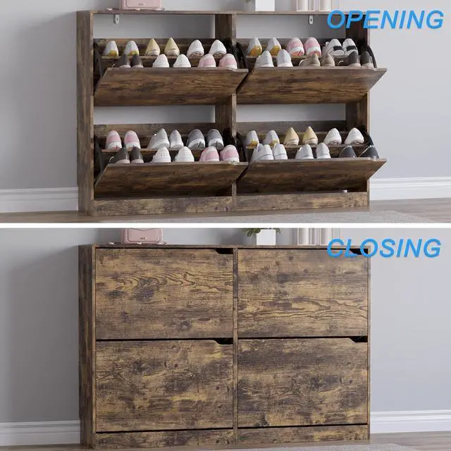 Alt view image 5 of 7 - Shoe Cabinet with 4 Flip Drawers, Narrow Hidden Shoe Storage Cabinet, Slim Freestanding Shoe Rack Organizer for Entryway, Hallway, Bedroom, Living Room