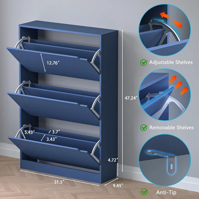 Alt view image 2 of 7 - Shoe Cabinet with 3 Flip Drawers, Hidden Wood Shoe Cabinet,Freestanding Shoe Storage Cabinet for Entryway Hallway. 47.2" H*31.5" W*9.45" D