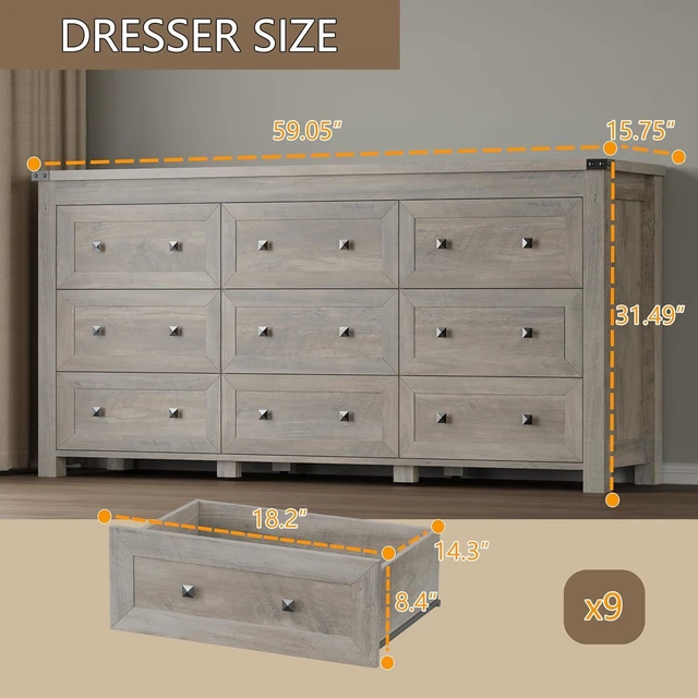 Alt view image 2 of 7 - 9-Drawer Dresser, Modern Wooden Storage Chest of Drawers, Dresser TV Stand, Wood Drawer Organizer with Metal Handles for Bedroom, Living Room, Hallway