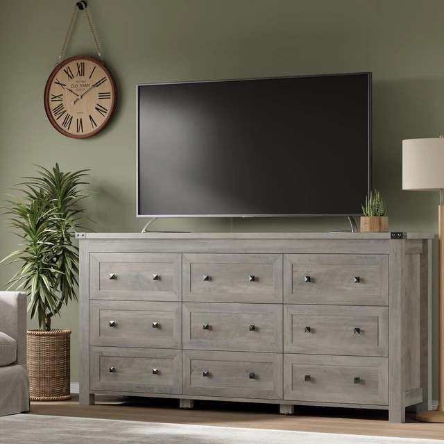 Alt view image 5 of 7 - 9-Drawer Dresser, Modern Wooden Storage Chest of Drawers, Dresser TV Stand, Wood Drawer Organizer with Metal Handles for Bedroom, Living Room, Hallway