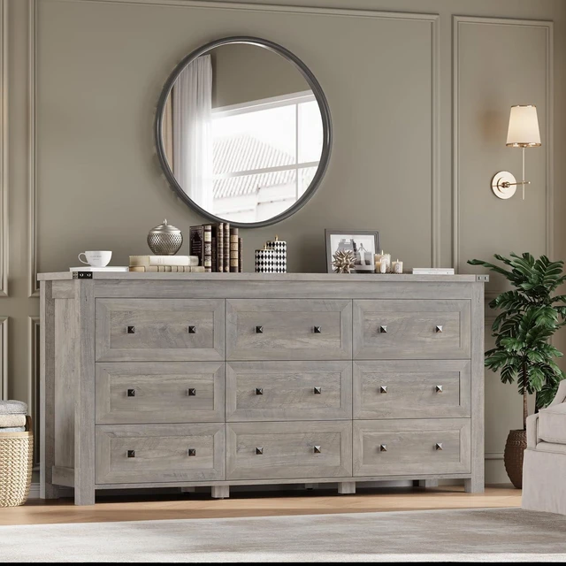 Alt view image 6 of 7 - 9-Drawer Dresser, Modern Wooden Storage Chest of Drawers, Dresser TV Stand, Wood Drawer Organizer with Metal Handles for Bedroom, Living Room, Hallway