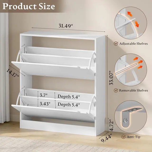 Alt view image 2 of 7 - Shoe Cabinet with 2 Flip Drawers, Slim Narrow Shoe Storage Cabinet, Freestanding Shoe Organizer with Adjustable & Removable Shelves, Top Display Shelf for Entryway, Hallway, Foyer, Closet