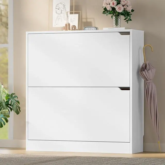 Alt view image 3 of 7 - Shoe Cabinet with 2 Flip Drawers, Slim Narrow Shoe Storage Cabinet, Freestanding Shoe Organizer with Adjustable & Removable Shelves, Top Display Shelf for Entryway, Hallway, Foyer, Closet