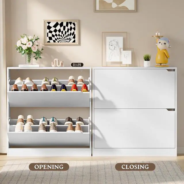 Alt view image 5 of 7 - Shoe Cabinet with 2 Flip Drawers, Slim Narrow Shoe Storage Cabinet, Freestanding Shoe Organizer with Adjustable & Removable Shelves, Top Display Shelf for Entryway, Hallway, Foyer, Closet