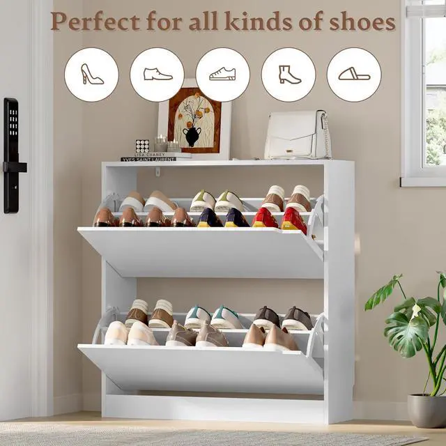 Alt view image 4 of 7 - Shoe Cabinet with 2 Flip Drawers, Slim Narrow Shoe Storage Cabinet, Freestanding Shoe Organizer with Adjustable & Removable Shelves, Top Display Shelf for Entryway, Hallway, Foyer, Closet