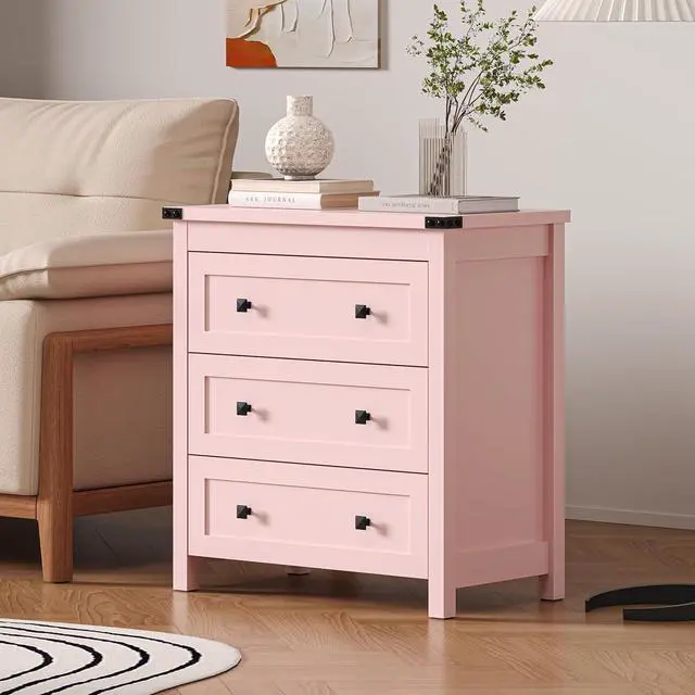 Alt view image 7 of 7 - 3-Drawer Night Stand Set of 2, Modern Bedside Table Dresser with Metal Handles, Sturdy Wooden End Side Table Storage Cabinet with Anti-Tipping Design for Bedroom