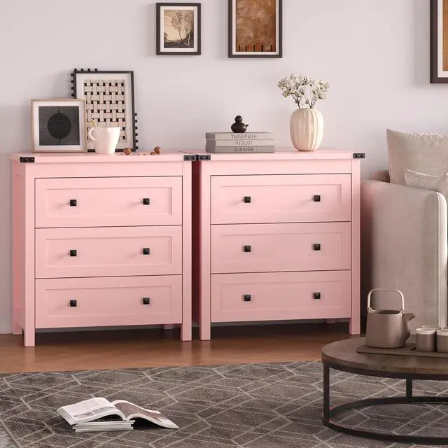 Main image of 3-Drawer Night Stand Set of 2, Modern Bedside Table Dresser with Metal Handles, Sturdy Wooden End Side Table Storage Cabinet with Anti-Tipping Design for Bedroom