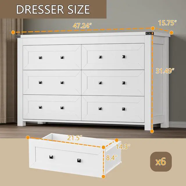 Alt view image 2 of 7 - 6-Drawer Dresser, Modern Wooden Storage Chest of Drawers, Dresser TV Stand, Wood Drawer Organizer with Metal Handles for Bedroom, Living Room, Hallway