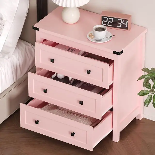 Alt view image 4 of 7 - 3-Drawer Night Stand Set of 2, Modern Bedside Table Dresser with Metal Handles, Sturdy Wooden End Side Table Storage Cabinet with Anti-Tipping Design for Bedroom