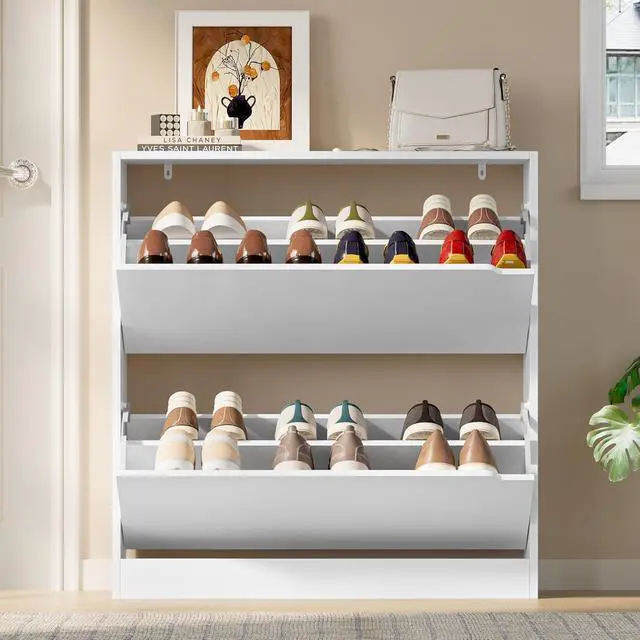 Alt view image 7 of 7 - Shoe Cabinet with 2 Flip Drawers, Slim Narrow Shoe Storage Cabinet, Freestanding Shoe Organizer with Adjustable & Removable Shelves, Top Display Shelf for Entryway, Hallway, Foyer, Closet