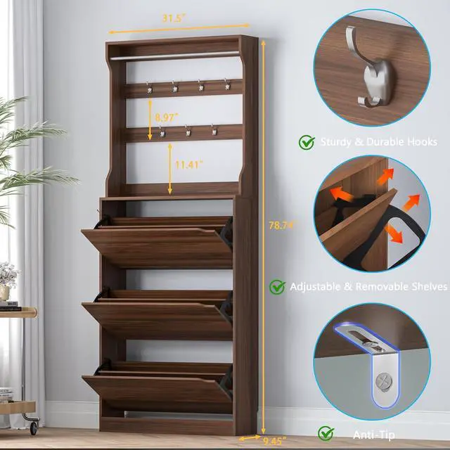 Alt view image 2 of 7 - Shoe Cabinet with 3 Flip Drawers & Coat Rack, Narrow Hidden Shoe Storage Cabinet, 2-in-1 Hall Tree Slim Freestanding Shoe Rack Organizer for Entryway, Hallway, and Living Room