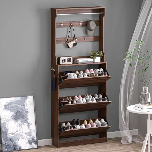 Main image of Shoe Cabinet with 3 Flip Drawers & Coat Rack, Narrow Hidden Shoe Storage Cabinet, 2-in-1 Hall Tree Slim Freestanding Shoe Rack Organizer for Entryway, Hallway, and Living Room