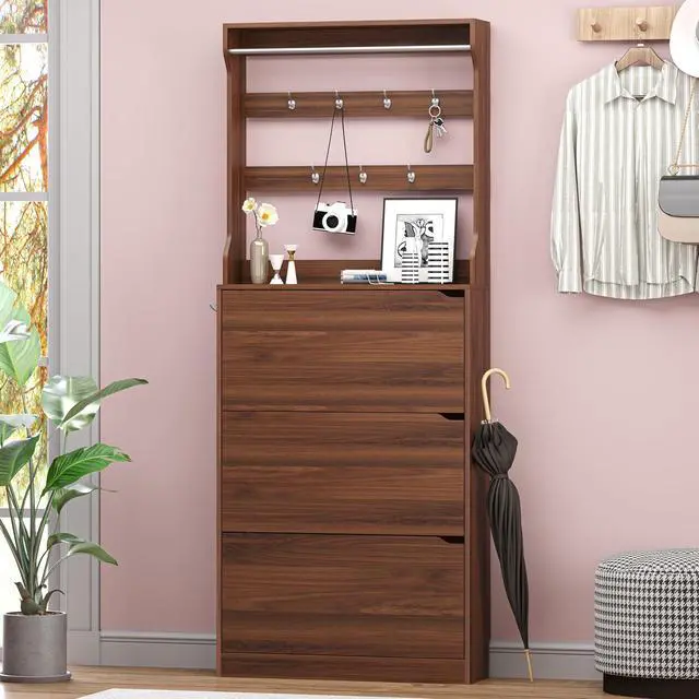 Alt view image 3 of 7 - Shoe Cabinet with 3 Flip Drawers & Coat Rack, Narrow Hidden Shoe Storage Cabinet, 2-in-1 Hall Tree Slim Freestanding Shoe Rack Organizer for Entryway, Hallway, and Living Room