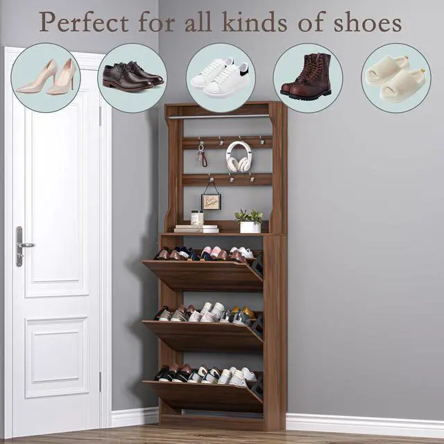Alt view image 4 of 7 - Shoe Cabinet with 3 Flip Drawers & Coat Rack, Narrow Hidden Shoe Storage Cabinet, 2-in-1 Hall Tree Slim Freestanding Shoe Rack Organizer for Entryway, Hallway, and Living Room