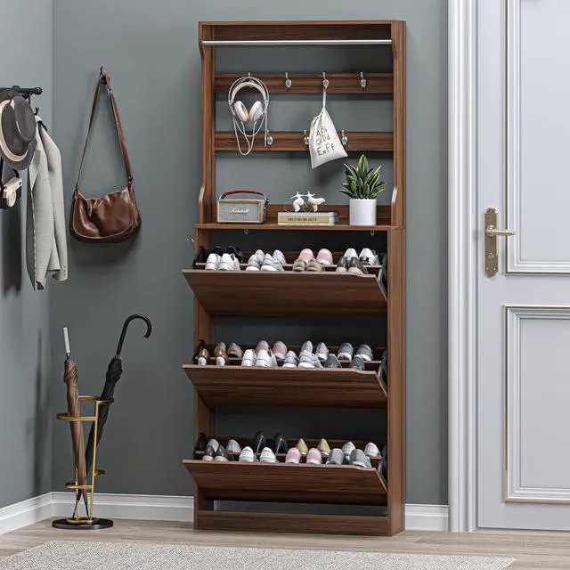 Alt view image 7 of 7 - Shoe Cabinet with 3 Flip Drawers & Coat Rack, Narrow Hidden Shoe Storage Cabinet, 2-in-1 Hall Tree Slim Freestanding Shoe Rack Organizer for Entryway, Hallway, and Living Room