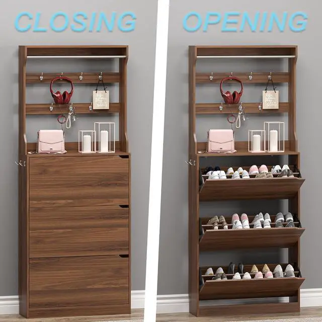 Alt view image 5 of 7 - Shoe Cabinet with 3 Flip Drawers & Coat Rack, Narrow Hidden Shoe Storage Cabinet, 2-in-1 Hall Tree Slim Freestanding Shoe Rack Organizer for Entryway, Hallway, and Living Room