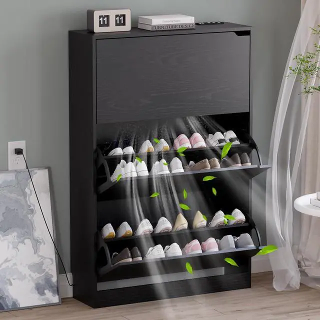 Main image of Shoe Cabinet with Odor Control and Back Panels, Deodorizing Slim 3-Flip Shoe Storage Cabinet for Entryway, Freestanding Hidden Shoe Rack Organizer for Entrance, Hallway, Bedroom