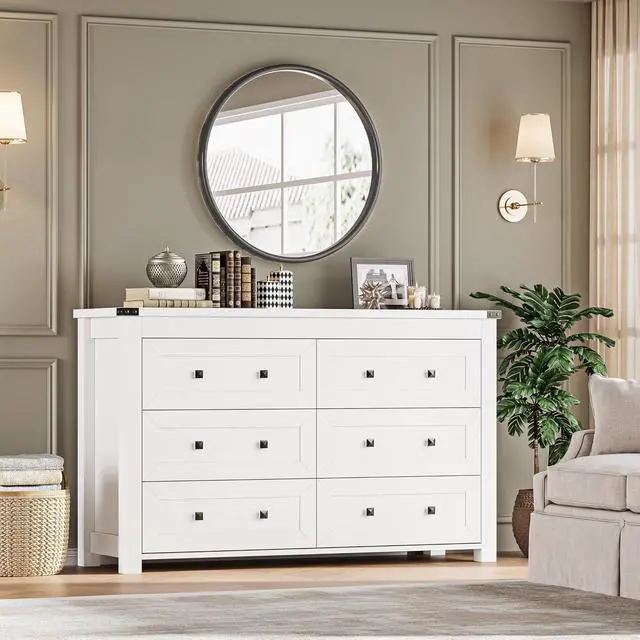 Alt view image 6 of 7 - 6-Drawer Dresser, Modern Wooden Storage Chest of Drawers, Dresser TV Stand, Wood Drawer Organizer with Metal Handles for Bedroom, Living Room, Hallway