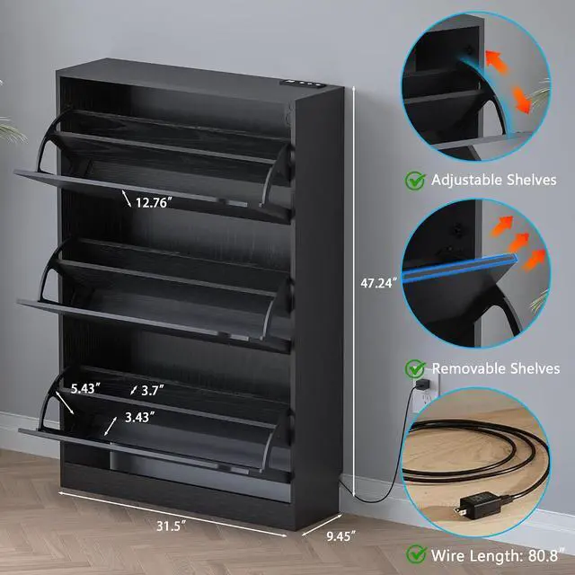 Alt view image 2 of 7 - Shoe Cabinet with Odor Control and Back Panels, Deodorizing Slim 3-Flip Shoe Storage Cabinet for Entryway, Freestanding Hidden Shoe Rack Organizer for Entrance, Hallway, Bedroom