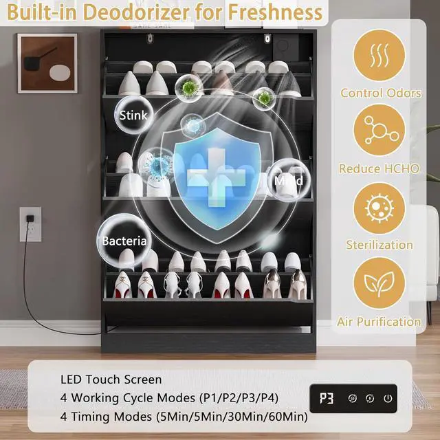 Alt view image 3 of 7 - Shoe Cabinet with Odor Control and Back Panels, Deodorizing Slim 3-Flip Shoe Storage Cabinet for Entryway, Freestanding Hidden Shoe Rack Organizer for Entrance, Hallway, Bedroom