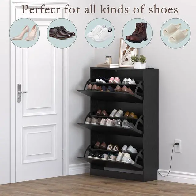 Alt view image 4 of 7 - Shoe Cabinet with Odor Control and Back Panels, Deodorizing Slim 3-Flip Shoe Storage Cabinet for Entryway, Freestanding Hidden Shoe Rack Organizer for Entrance, Hallway, Bedroom