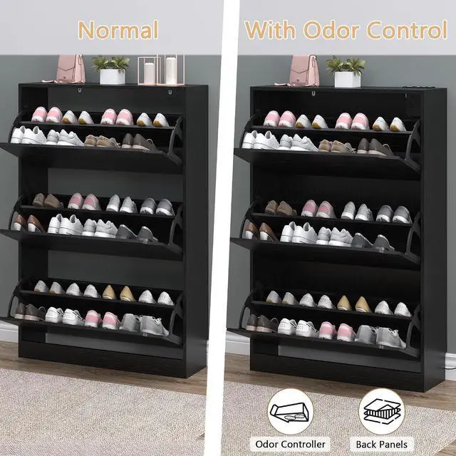 Alt view image 5 of 7 - Shoe Cabinet with Odor Control and Back Panels, Deodorizing Slim 3-Flip Shoe Storage Cabinet for Entryway, Freestanding Hidden Shoe Rack Organizer for Entrance, Hallway, Bedroom