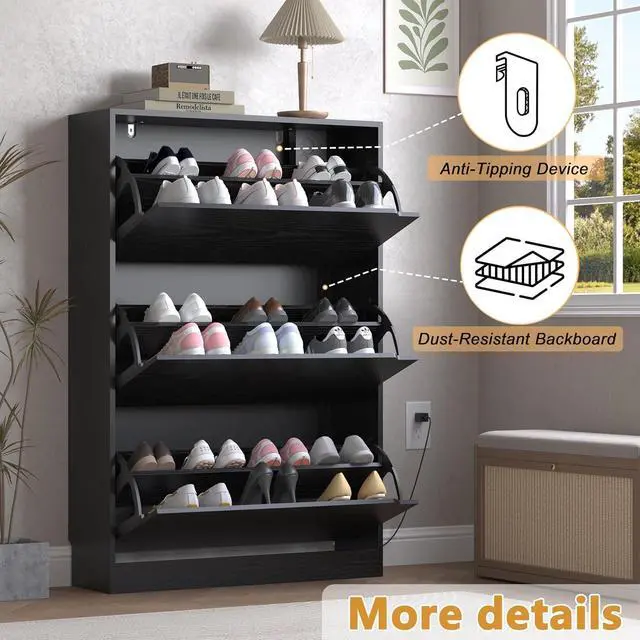 Alt view image 6 of 7 - Shoe Cabinet with Odor Control and Back Panels, Deodorizing Slim 3-Flip Shoe Storage Cabinet for Entryway, Freestanding Hidden Shoe Rack Organizer for Entrance, Hallway, Bedroom