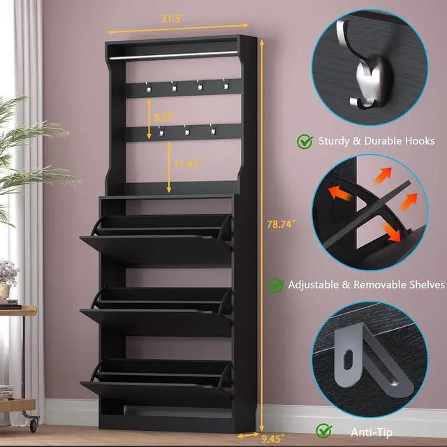 Alt view image 2 of 7 - Shoe Cabinet with 3 Flip Drawers & Coat Rack, Narrow Hidden Shoe Storage Cabinet, 2-in-1 Hall Tree Slim Freestanding Shoe Rack Organizer for Entryway, Hallway, and Living Room