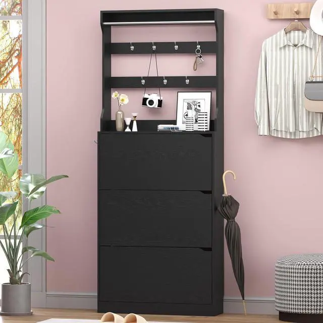 Alt view image 3 of 7 - Shoe Cabinet with 3 Flip Drawers & Coat Rack, Narrow Hidden Shoe Storage Cabinet, 2-in-1 Hall Tree Slim Freestanding Shoe Rack Organizer for Entryway, Hallway, and Living Room
