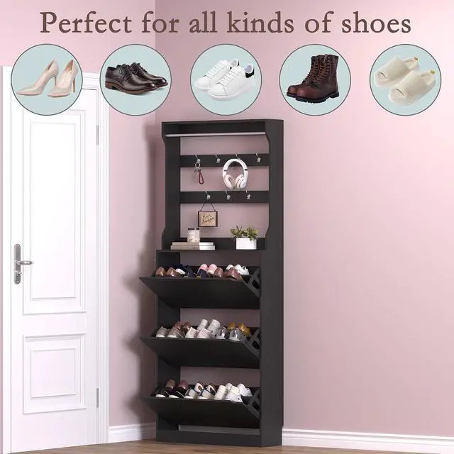 Alt view image 4 of 7 - Shoe Cabinet with 3 Flip Drawers & Coat Rack, Narrow Hidden Shoe Storage Cabinet, 2-in-1 Hall Tree Slim Freestanding Shoe Rack Organizer for Entryway, Hallway, and Living Room